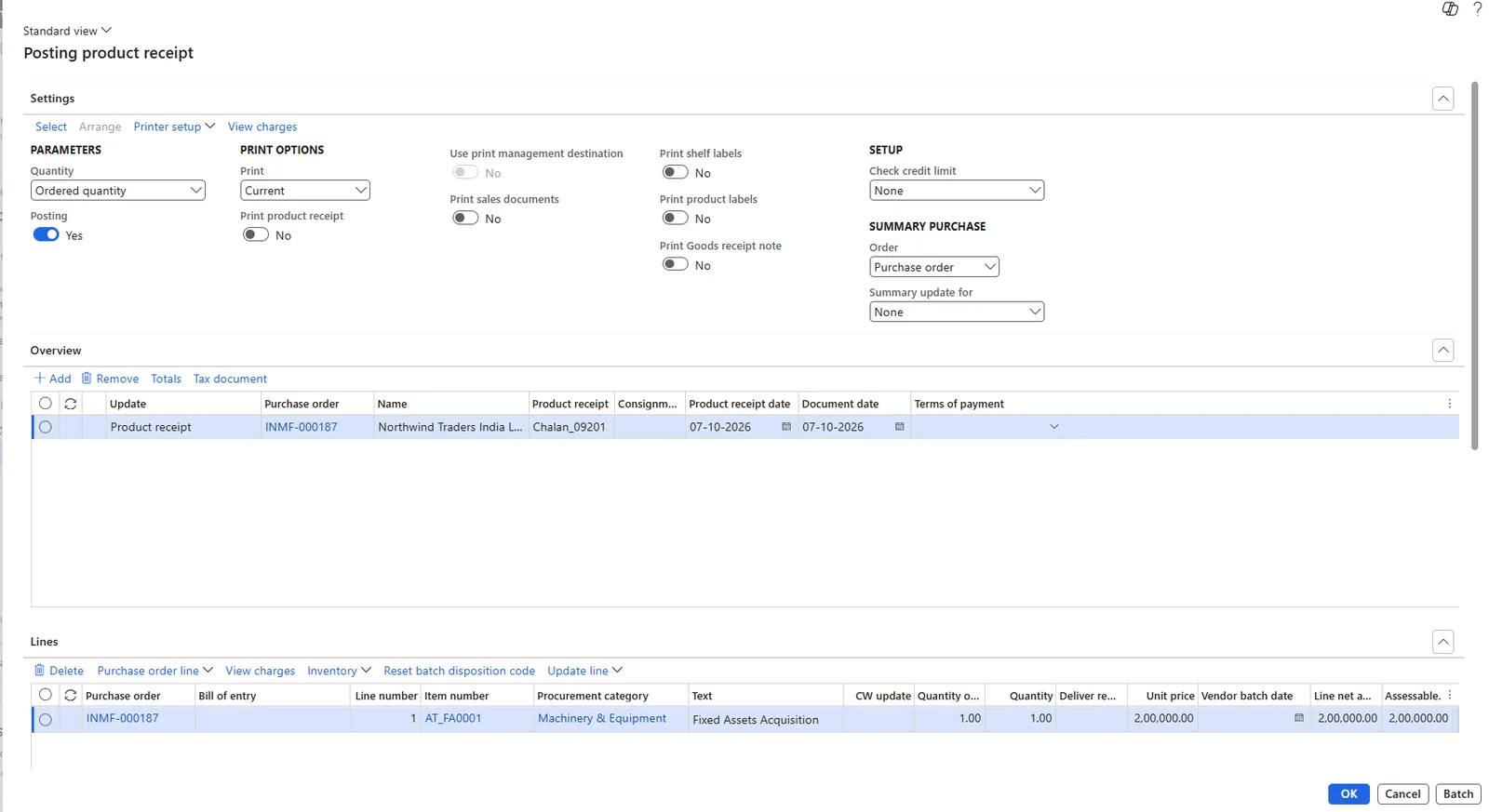 Screenshot — Acquisition of Fixed Assets