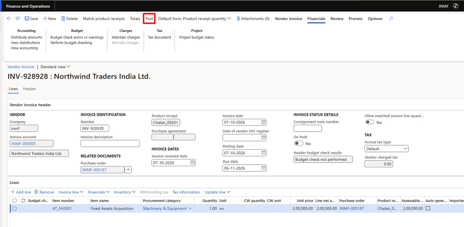 Screenshot — Acquisition of Fixed Assets