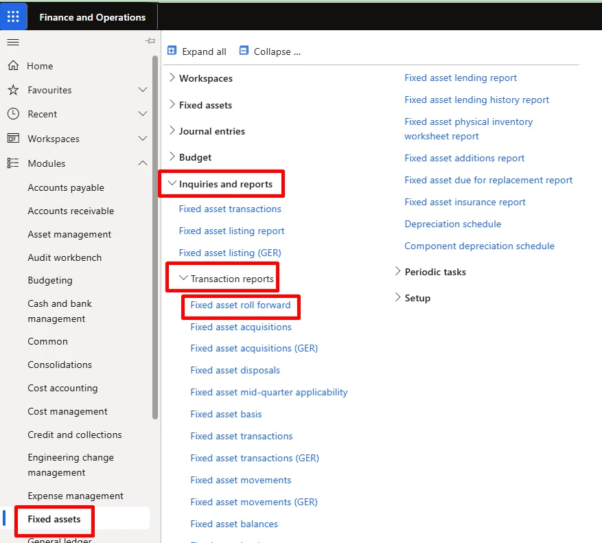 Screenshot — Fixed asset roll forward