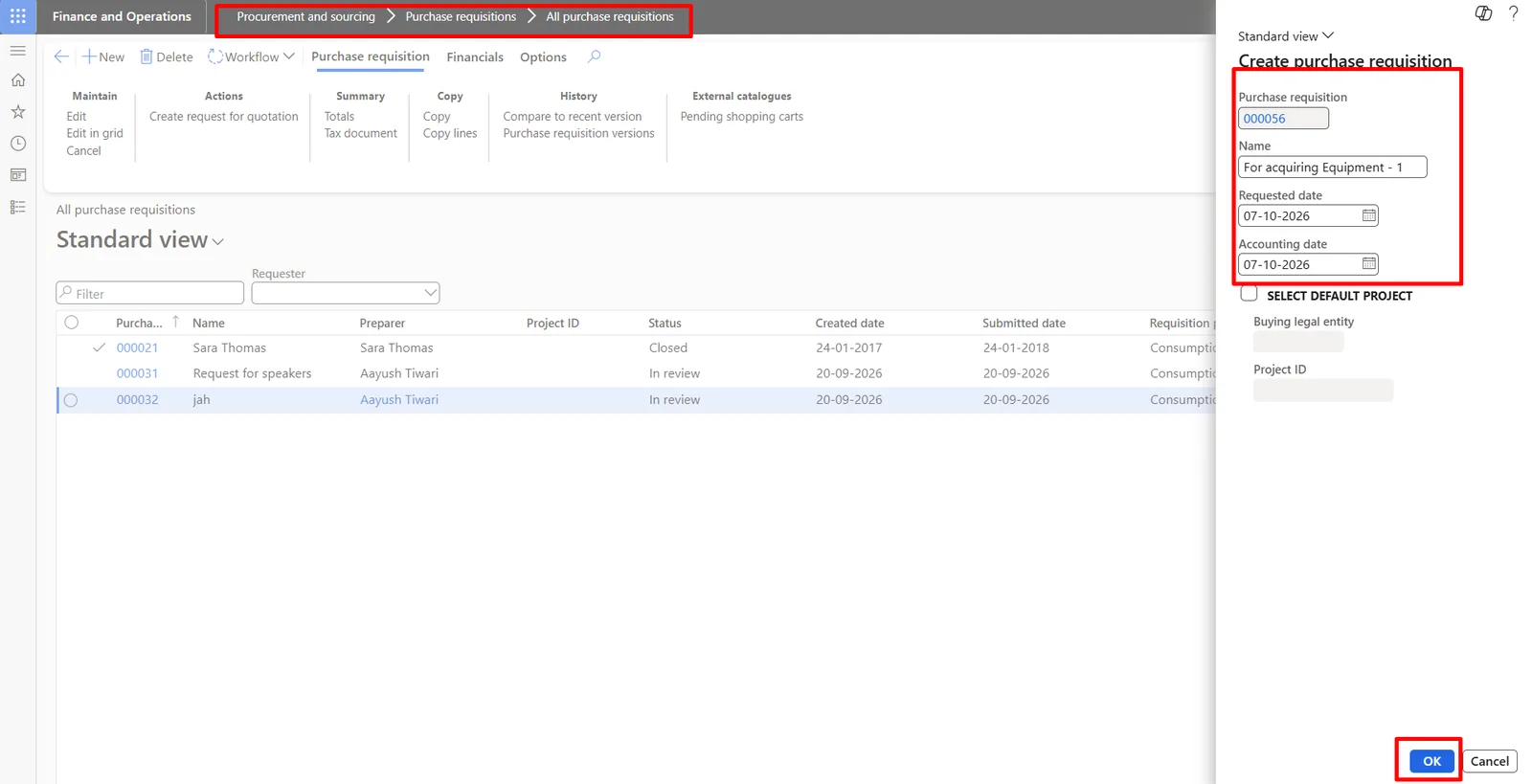 Screenshot — Acquisition of Fixed Assets