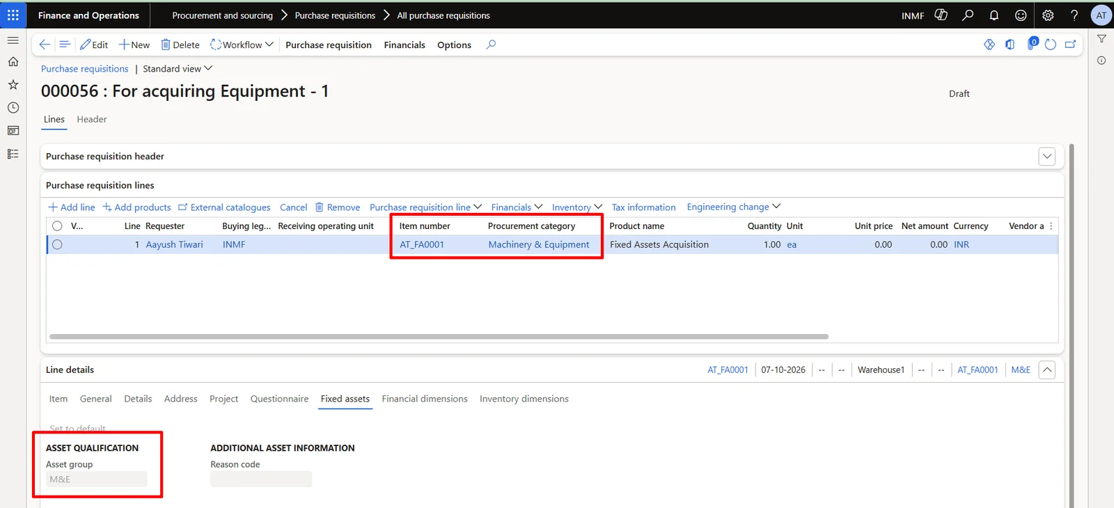 Screenshot — Acquisition of Fixed Assets