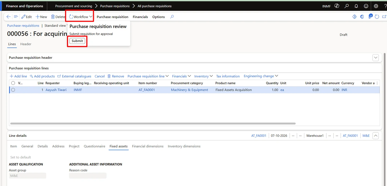 Screenshot — Acquisition of Fixed Assets