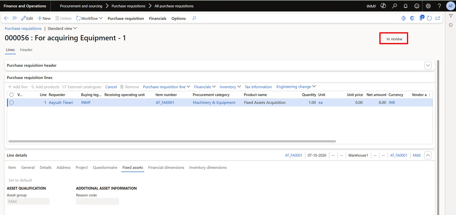 Screenshot — Acquisition of Fixed Assets