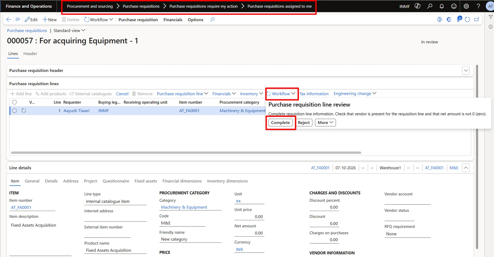 Screenshot — Acquisition of Fixed Assets