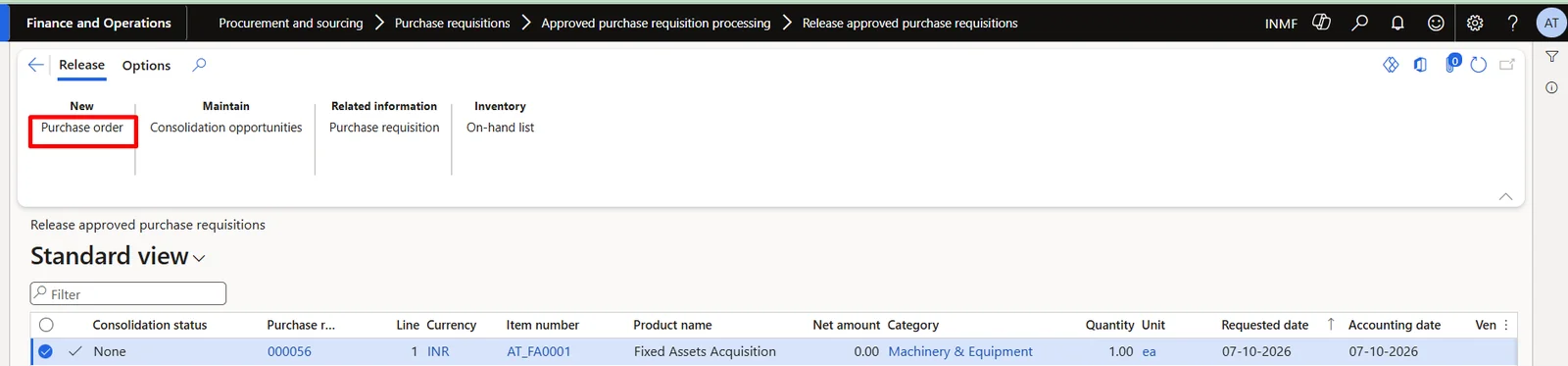 Screenshot — Acquisition of Fixed Assets