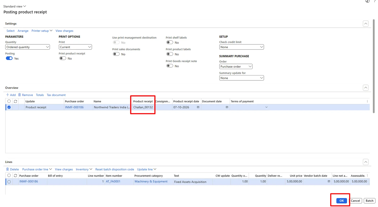 Screenshot — Acquisition of Fixed Assets