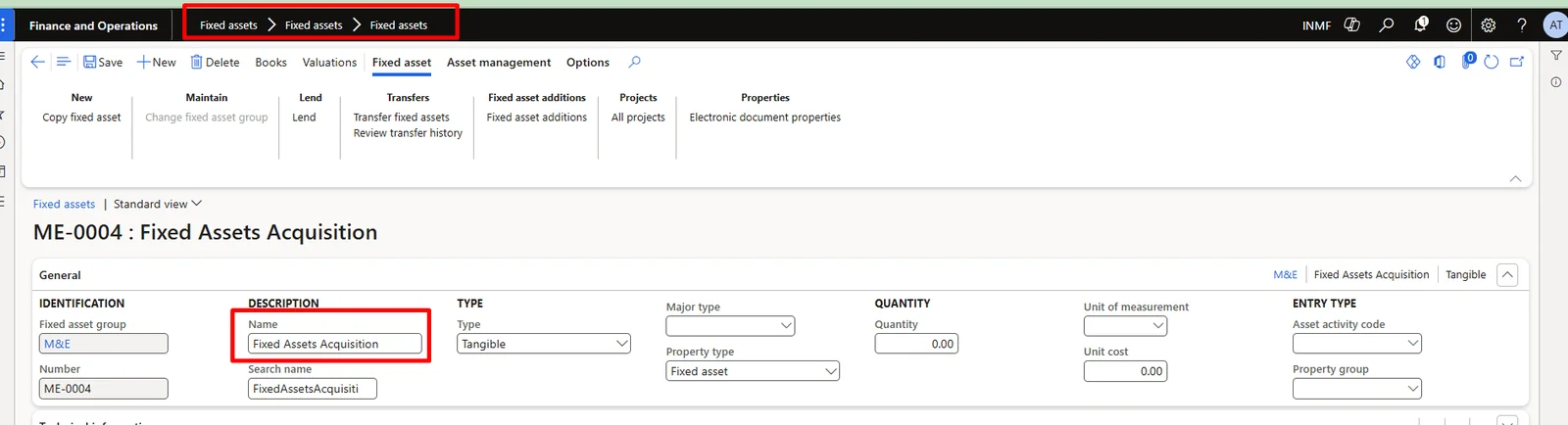 Screenshot — Acquisition of Fixed Assets