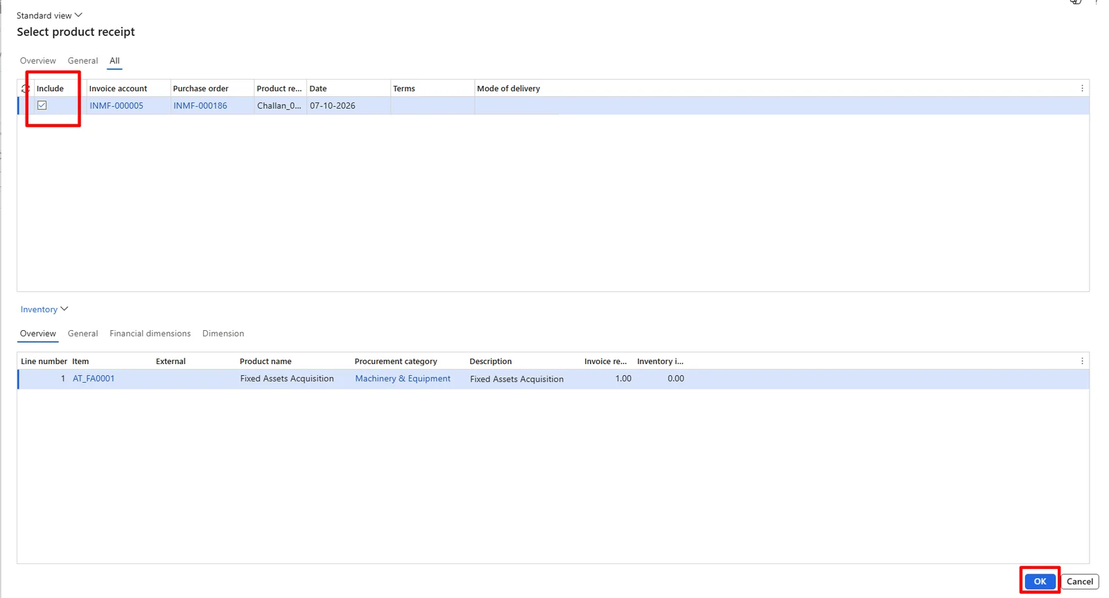 Screenshot — Acquisition of Fixed Assets