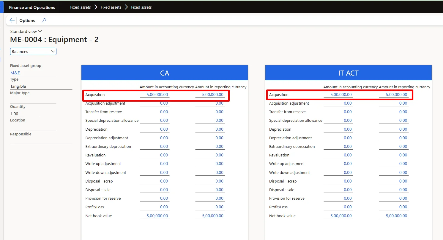 Screenshot — Acquisition of Fixed Assets