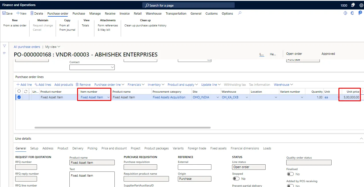 Screenshot — Acquisition of Fixed Assets