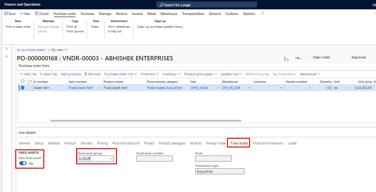Screenshot — Acquisition of Fixed Assets