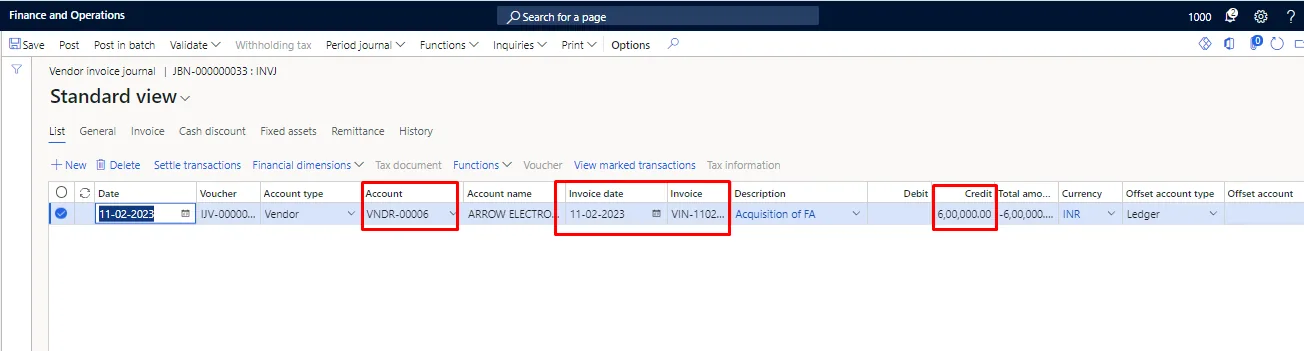 Screenshot — Acquisition of Fixed Assets