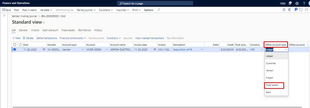 Screenshot — Acquisition of Fixed Assets