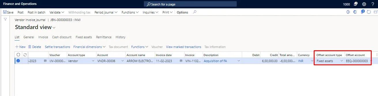 Screenshot — Acquisition of Fixed Assets
