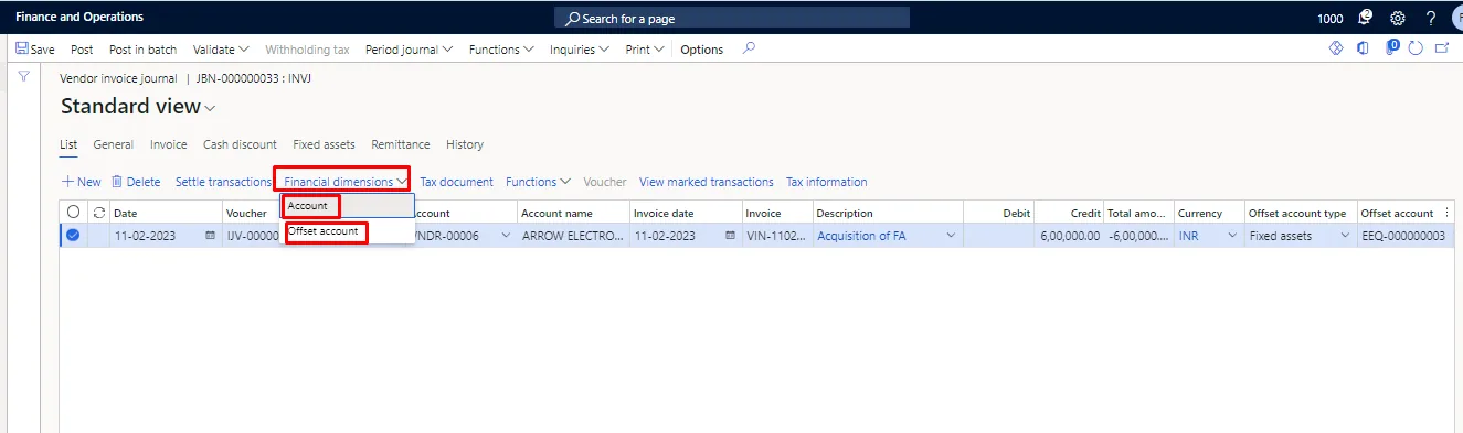 Screenshot — Acquisition of Fixed Assets
