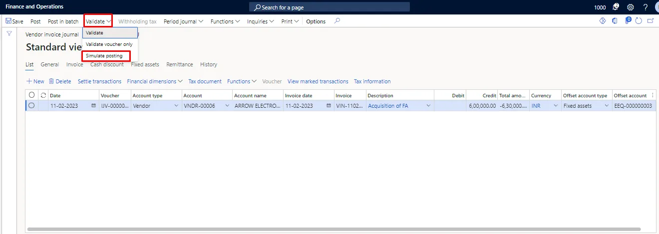 Screenshot — Acquisition of Fixed Assets