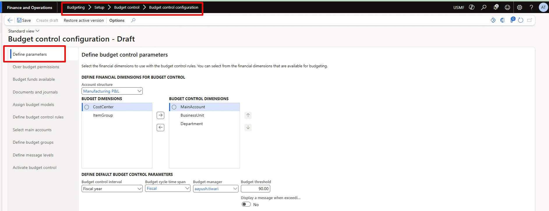 Screenshot — Define Parameters