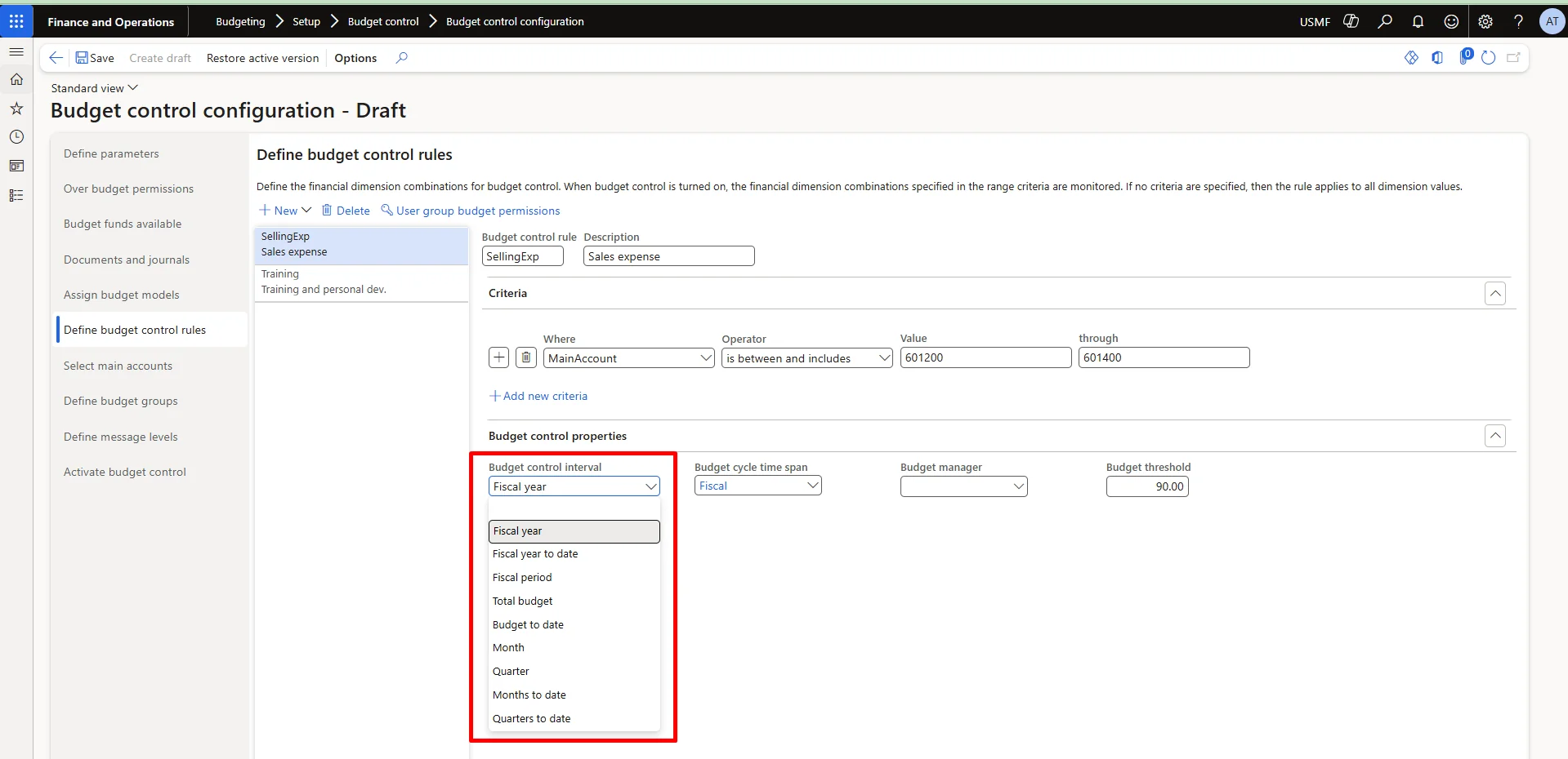 Screenshot — Budget Control Interval