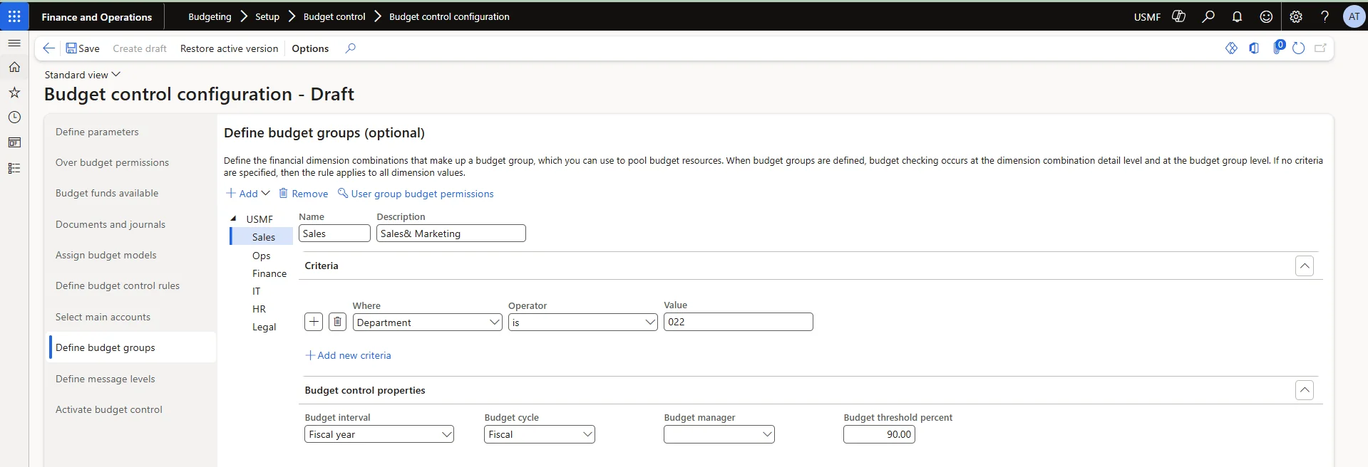 Screenshot — Define Budget Group