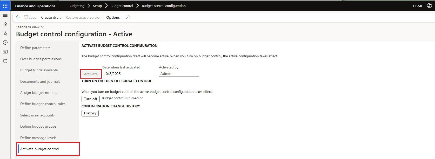 Screenshot — Activate Budget Control