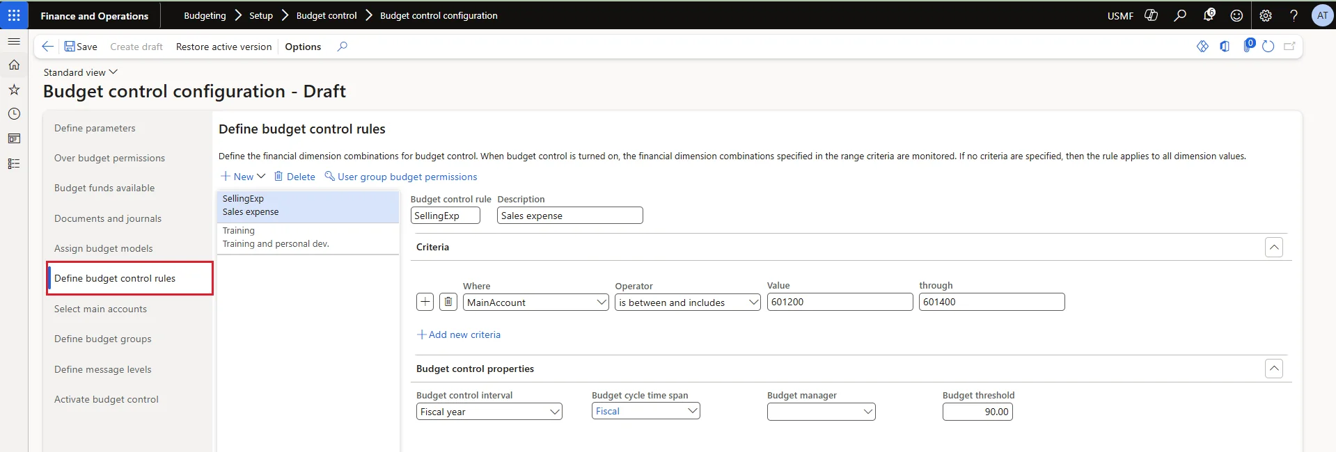 Screenshot — Define Budget Control Rules