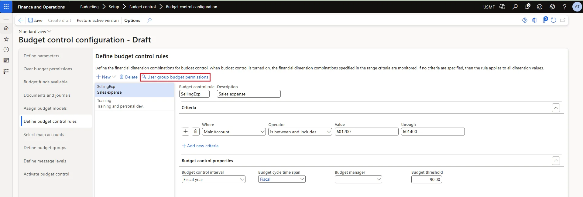 Screenshot — Budget Control Rule User Group Permissions