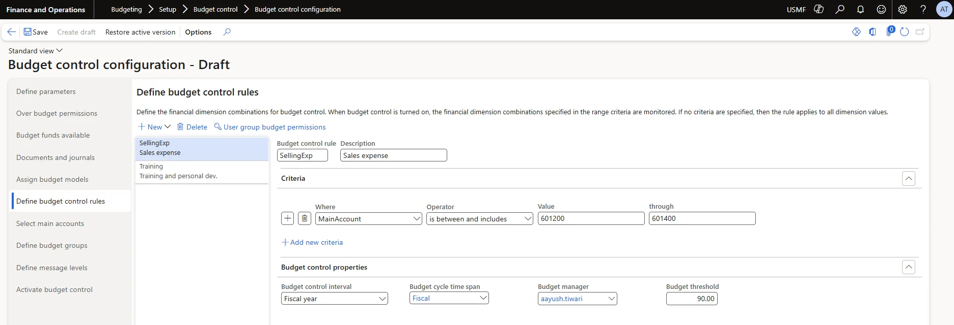 Screenshot — Budget Control Rule User Group Permissions