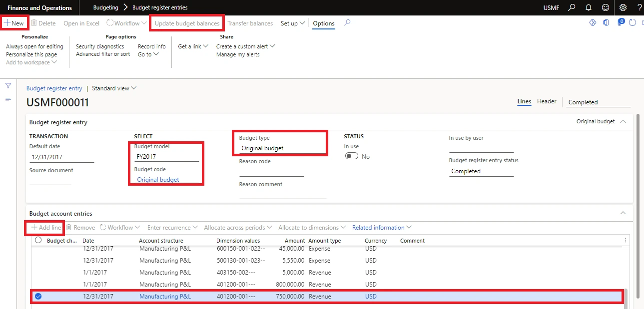 Screenshot — Procedure: Create Budget Register Entries