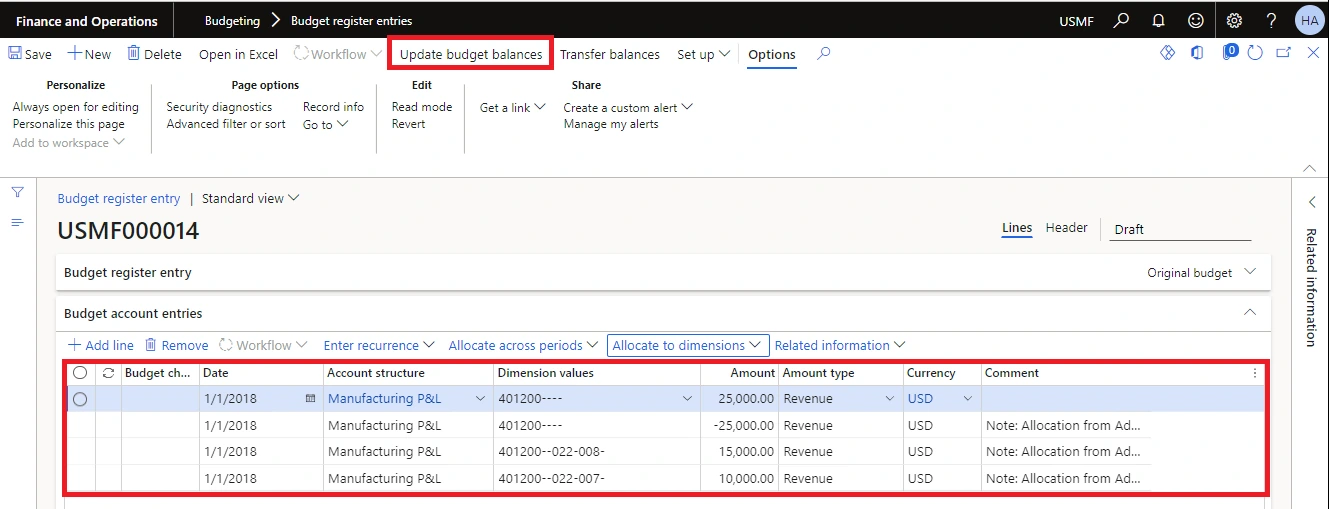 Screenshot — Procedure: Allocate A Budget Amount Across Dimension Values