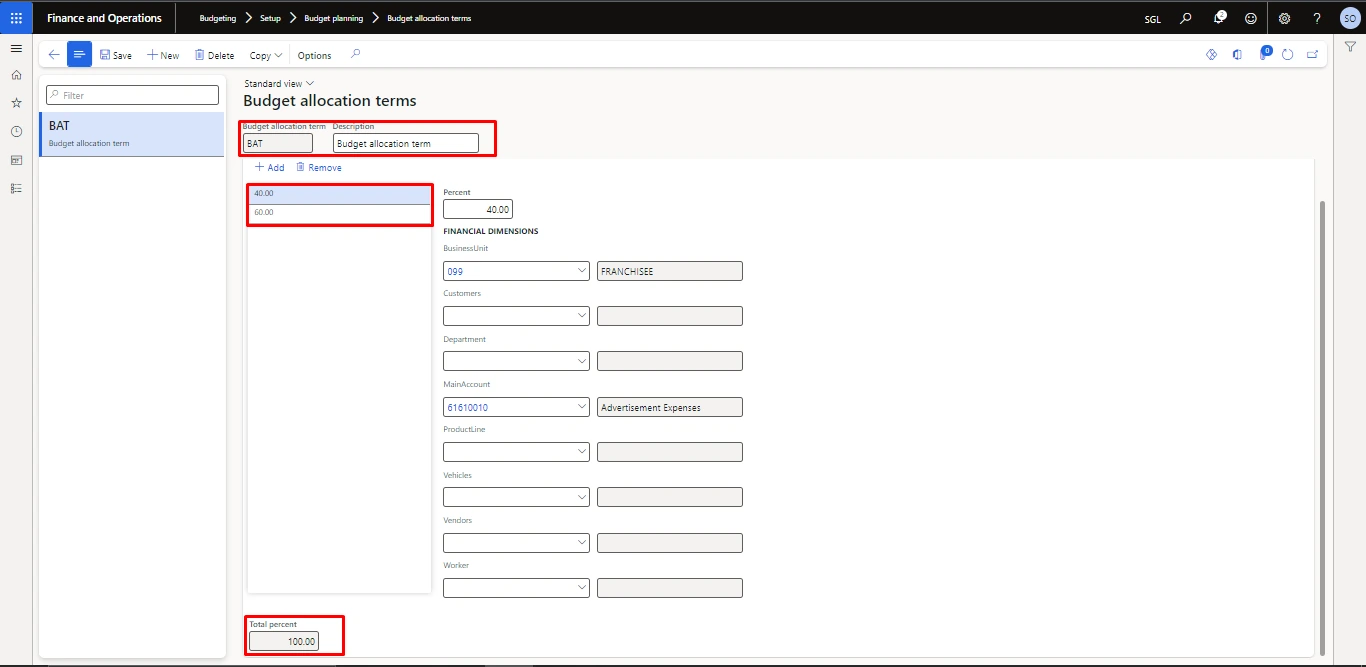 Screenshot — Procedure To Setup Budget Allocation Terms (Allocate to Dimension)