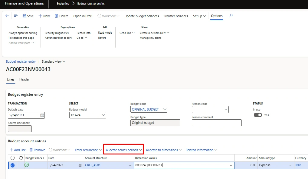 Screenshot — Procedure: Allocate Budget Amounts Using A Period Allocation Key