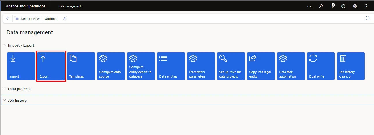 Screenshot — Exporting the template for uploading the budget register entries