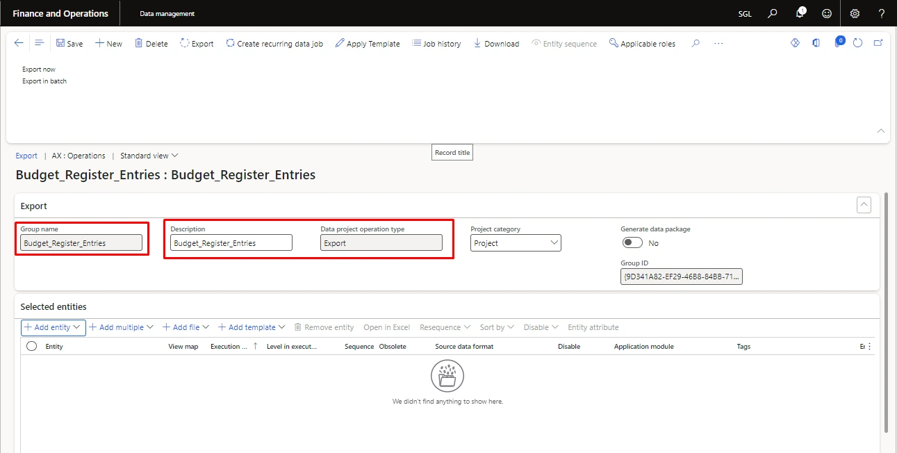 Screenshot — Exporting the template for uploading the budget register entries