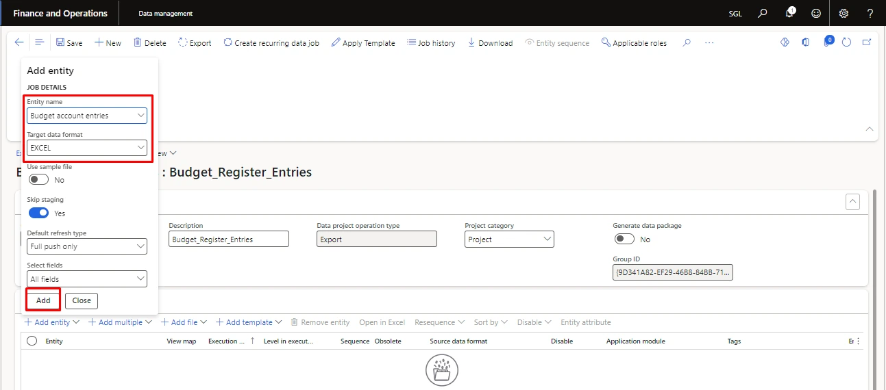 Screenshot — Exporting the template for uploading the budget register entries