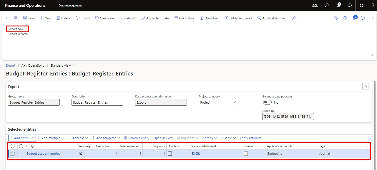 Screenshot — Exporting the template for uploading the budget register entries