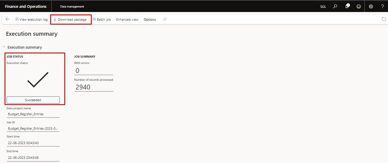 Screenshot — Exporting the template for uploading the budget register entries