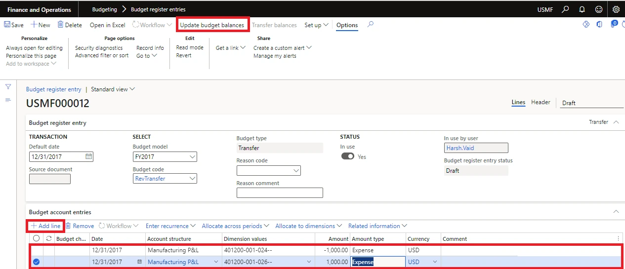 Screenshot — Procedure: Create a Budget Transfer