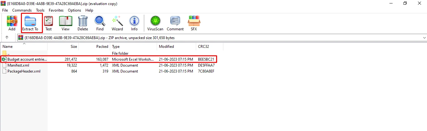 Screenshot — Exporting the template for uploading the budget register entries