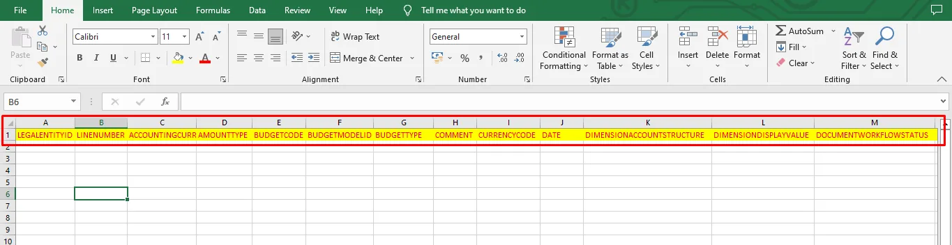Screenshot — Exporting the template for uploading the budget register entries