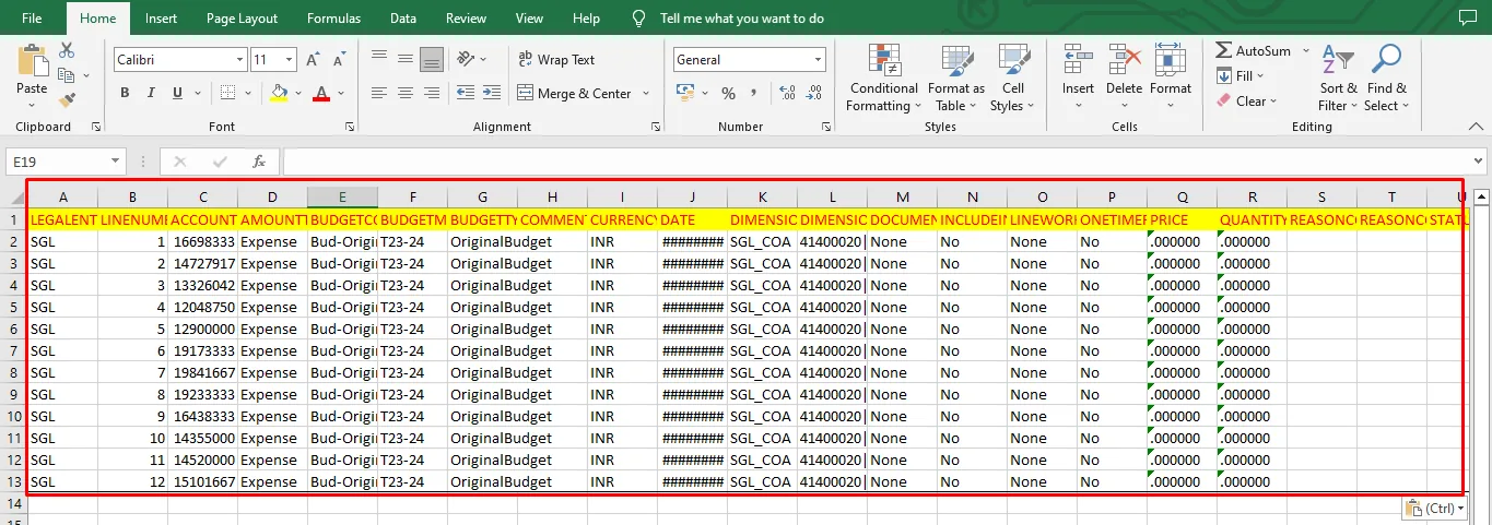 Screenshot — Creating a Sample Budget Register Entries Excel