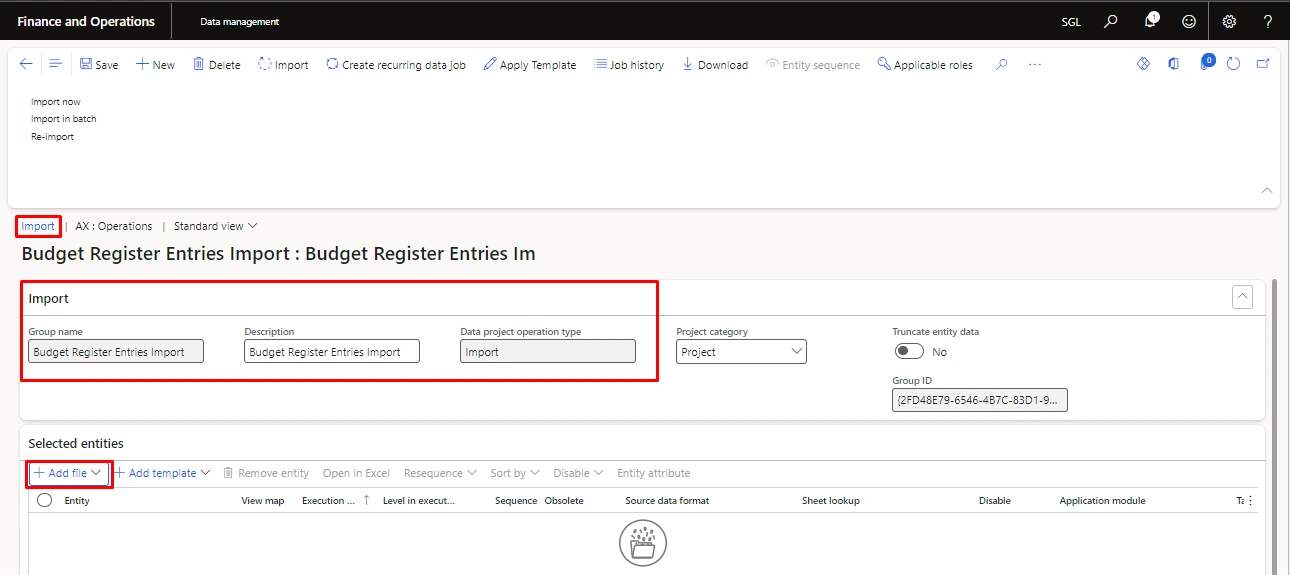 Screenshot — Importing The Budget Register Entries