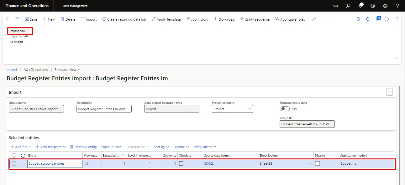 Screenshot — Importing The Budget Register Entries