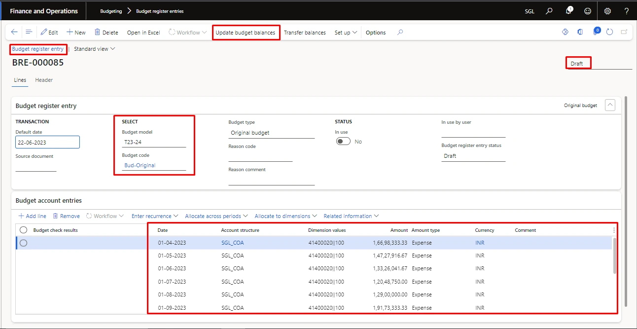 Screenshot — Budget Register Entries After Importing the Data