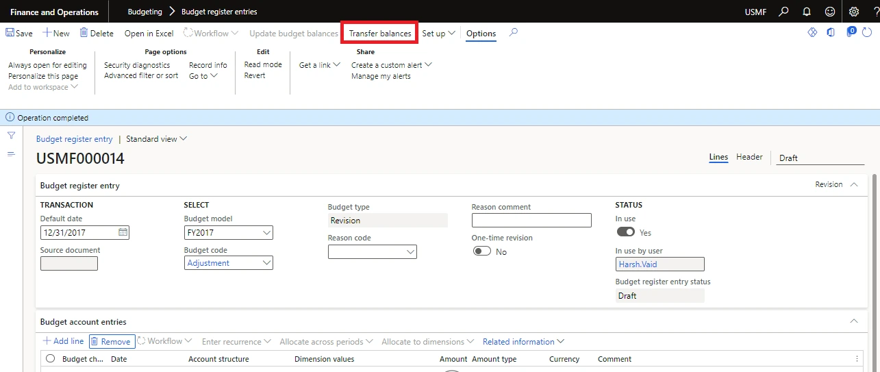Screenshot — Procedure: Create a Budget Transfer When You Creating Another Entry