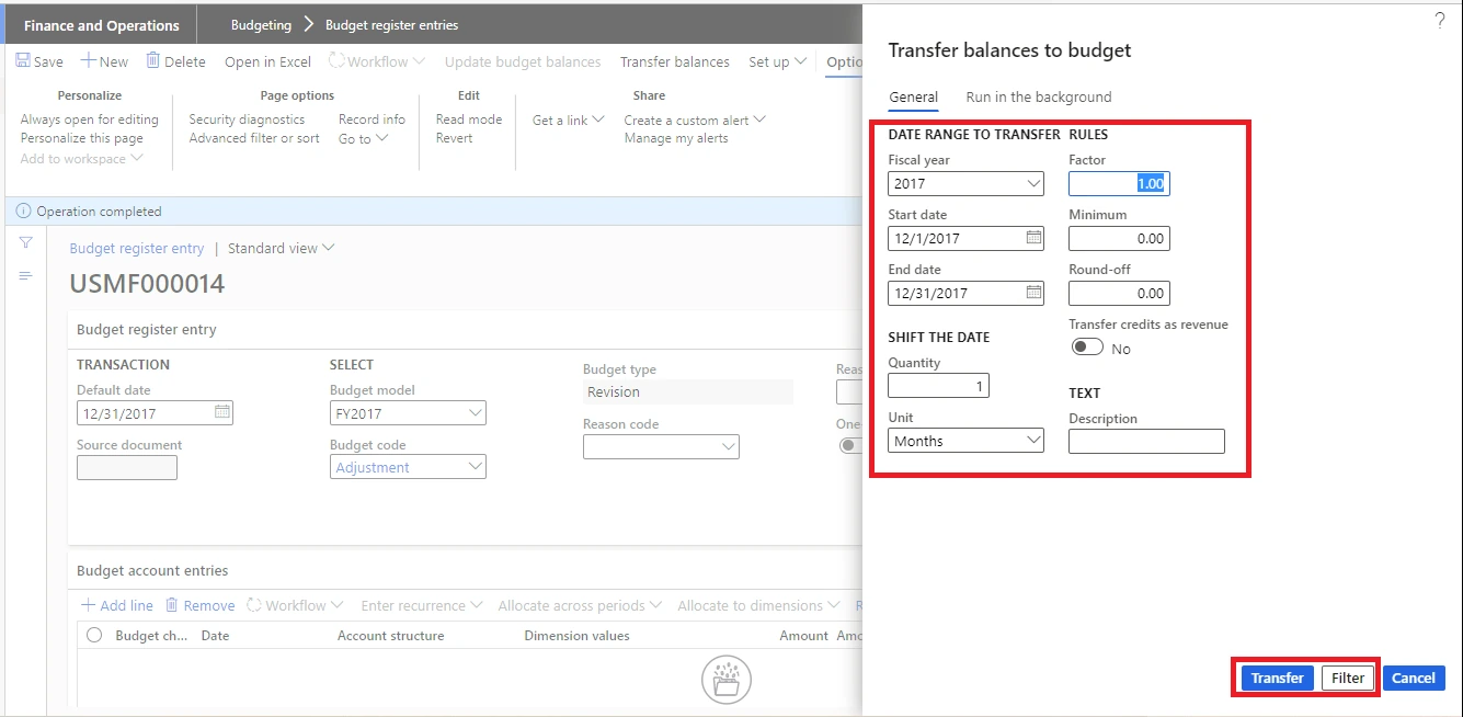 Screenshot — Procedure: Create a Budget Transfer When You Creating Another Entry