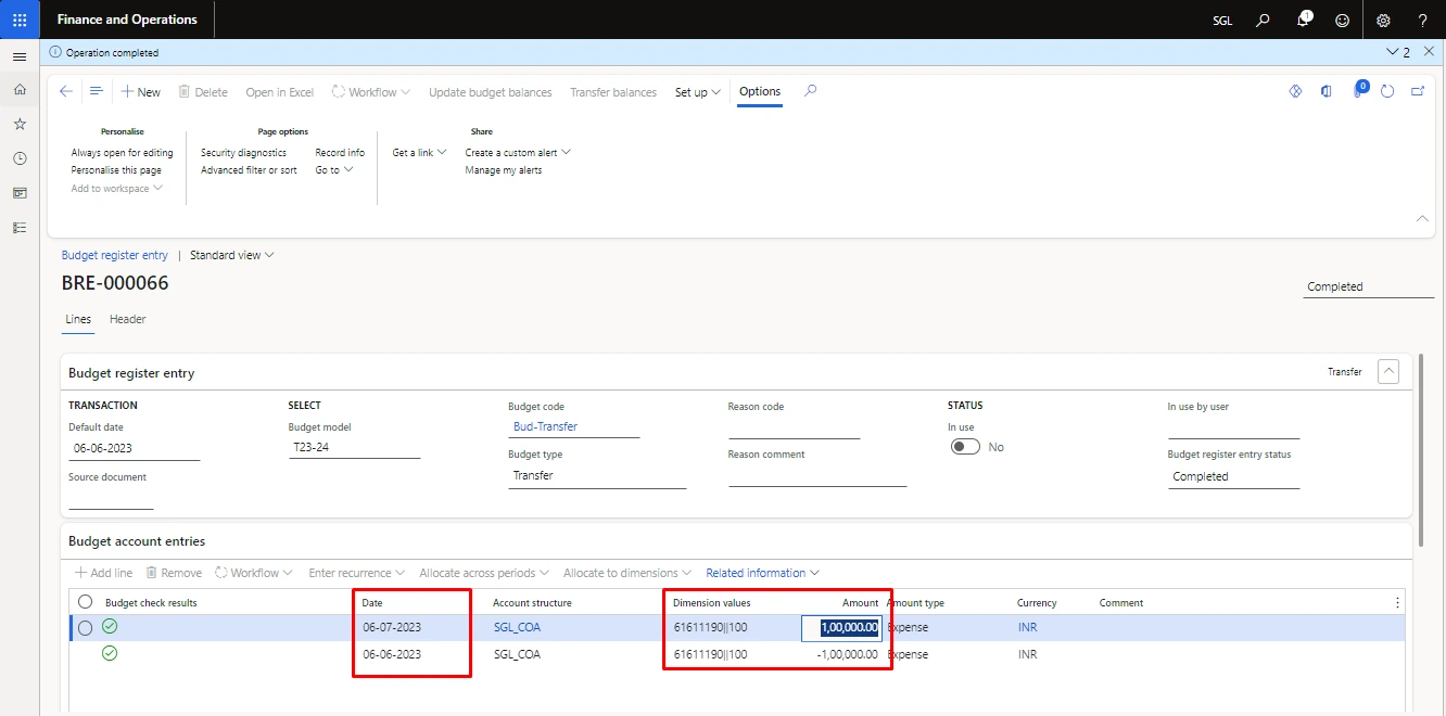 Screenshot — Transferring Budget from One Month to Another Month Within the Same Group