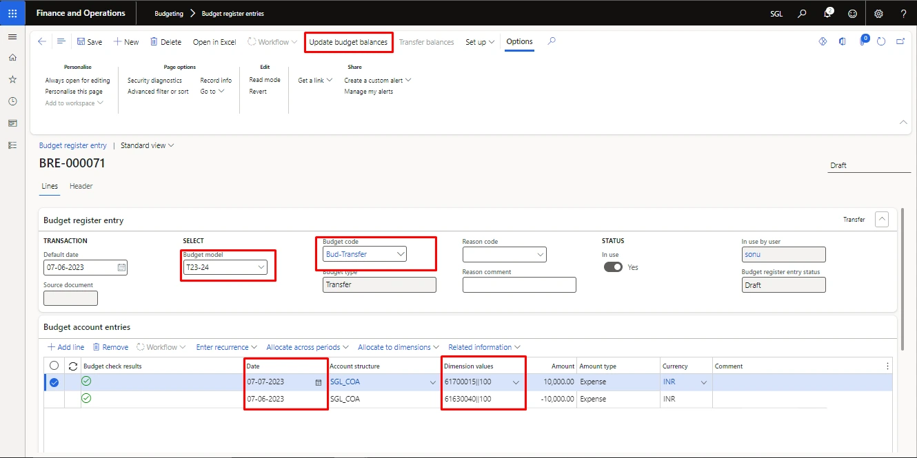 Screenshot — Transferring The Budget from Month to Another Month Outside of The Group