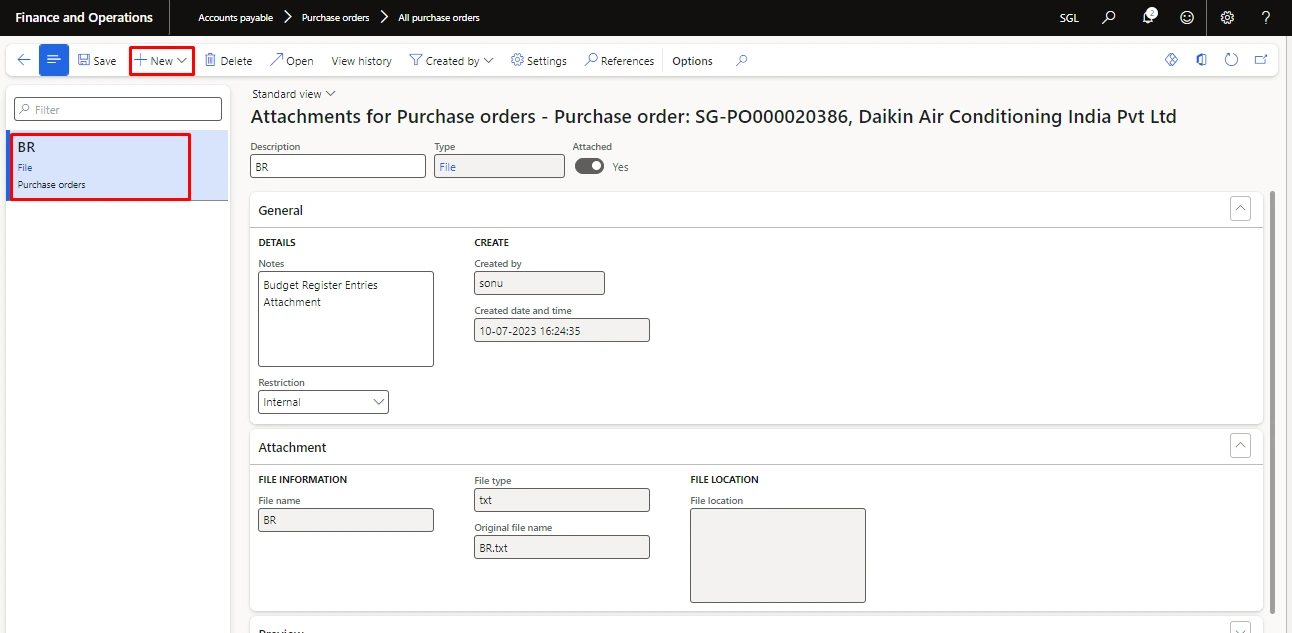 Screenshot — Attaching The Attachment During Creating The Budget Request On Purchase Order