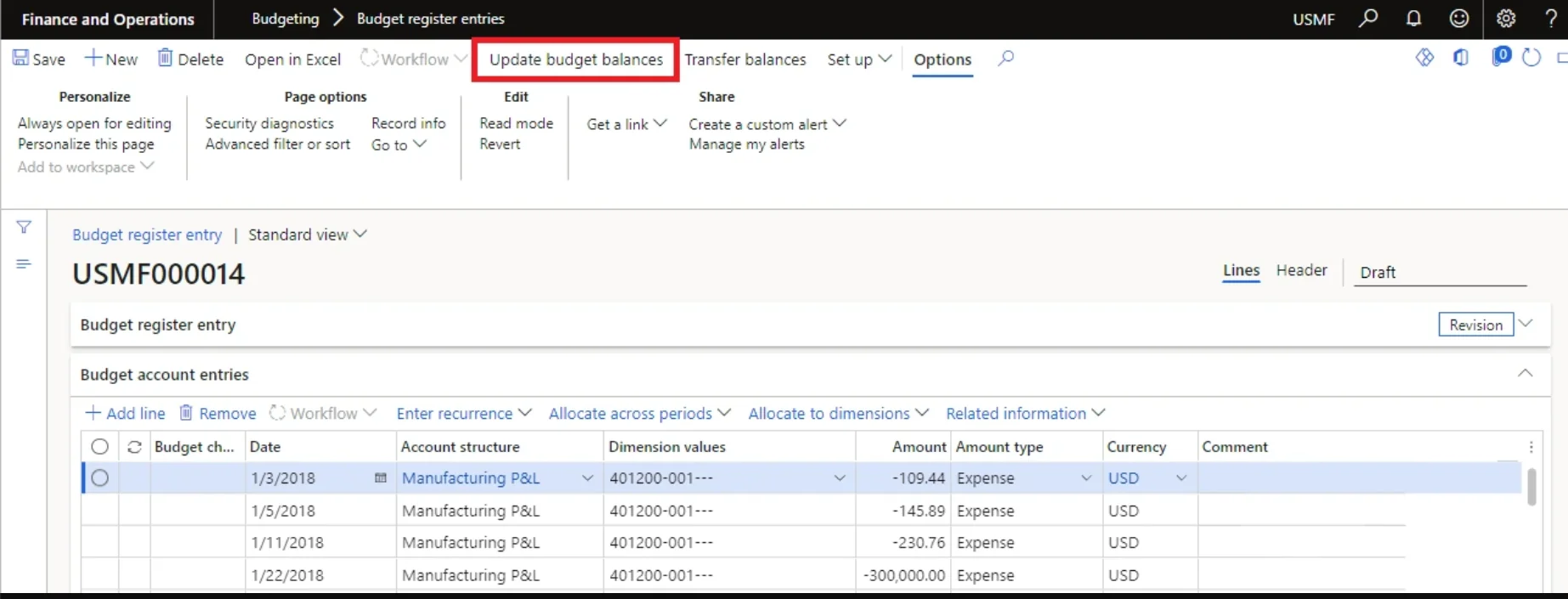 Screenshot — Procedure: Create a Budget Transfer When You Creating Another Entry