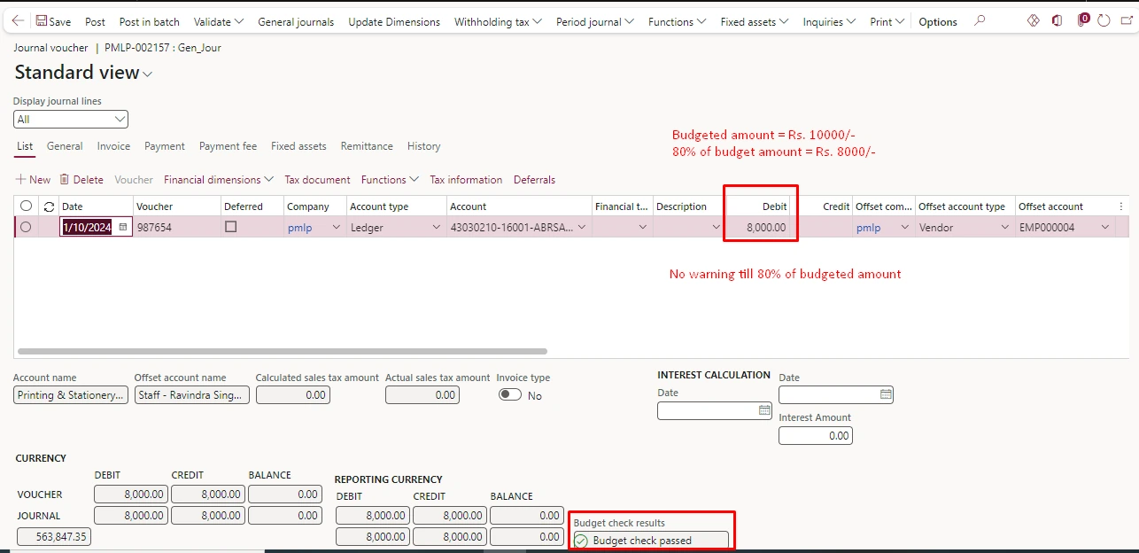 Screenshot — Budget Control must be on Posting on PO while Invoicing (System Must give warning on 80% & must block on 100 % Exceed of Budget)